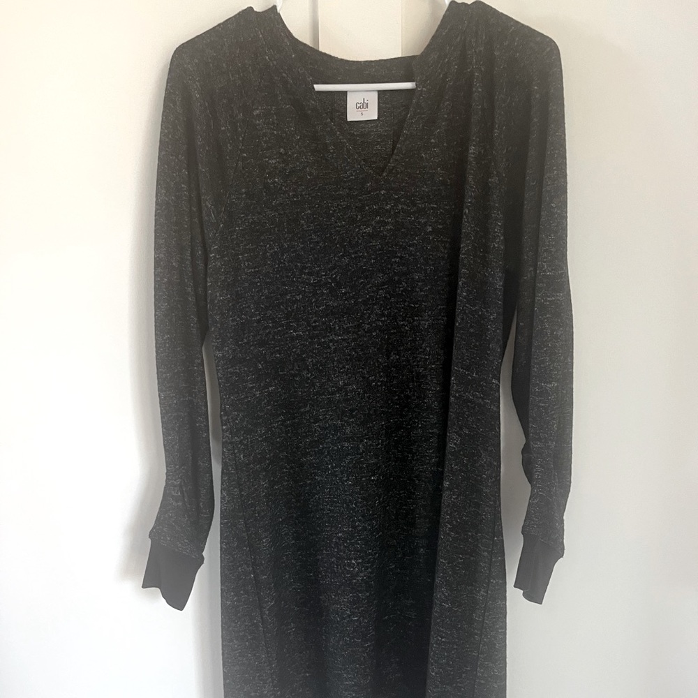 Small CAbi V neck charcoal black shadow fleck style sweater dress NWOT